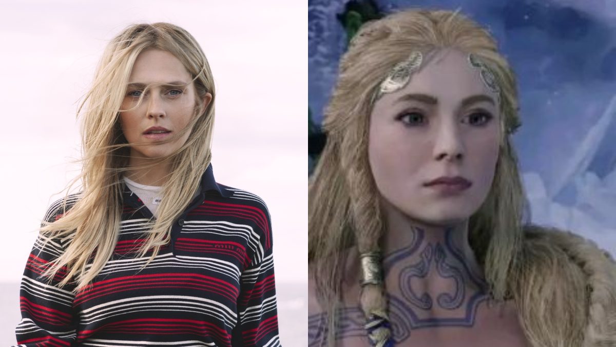 split image of teresa palmer with a striped shirt and white background and sif, a character from the god of war video games