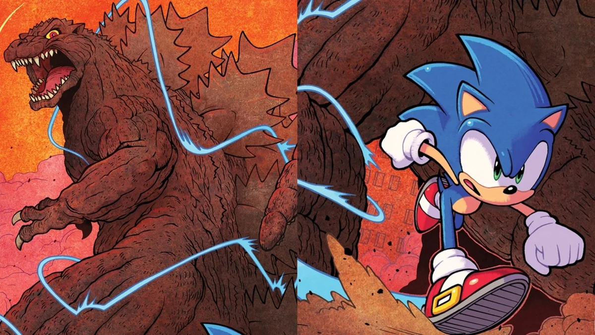 Godzilla and Sonic in IDW's upcoming Sonic x Godzilla comic.