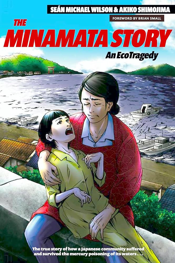 The Minamata Story cover. A woman wearing a red sweater holds a spasming child. Water and boats can be seen in the background.