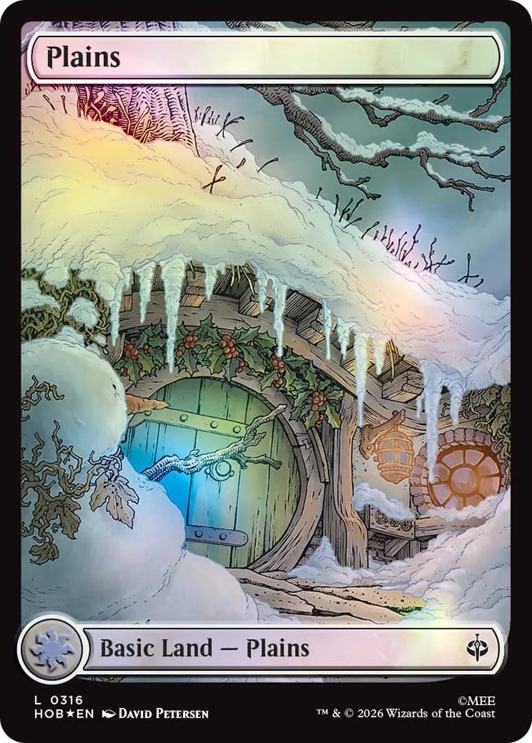 A hobbit door covered in snow on an MTG card basic lands plains card