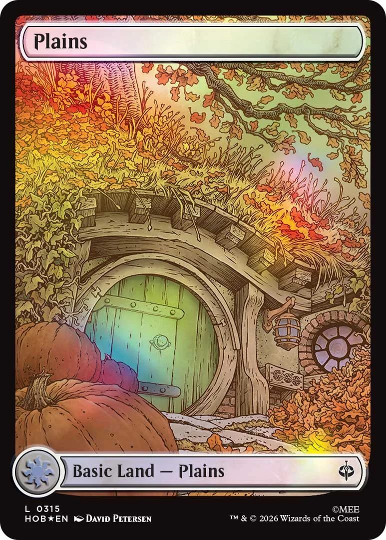 A hobbit door on an MTG card basic lands plains card