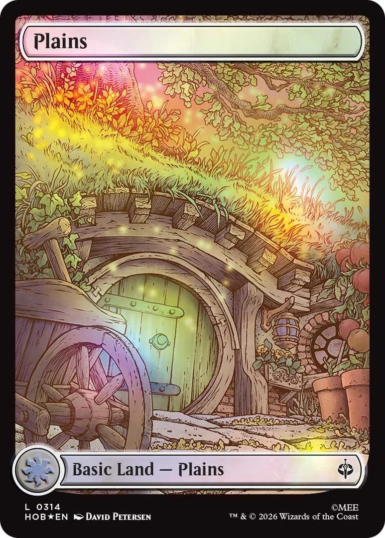A hobbit door on an MTG card basic lands plains card