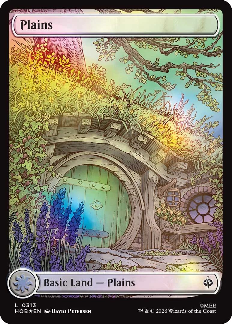 A hobbit door on an MTG card basic lands plains card