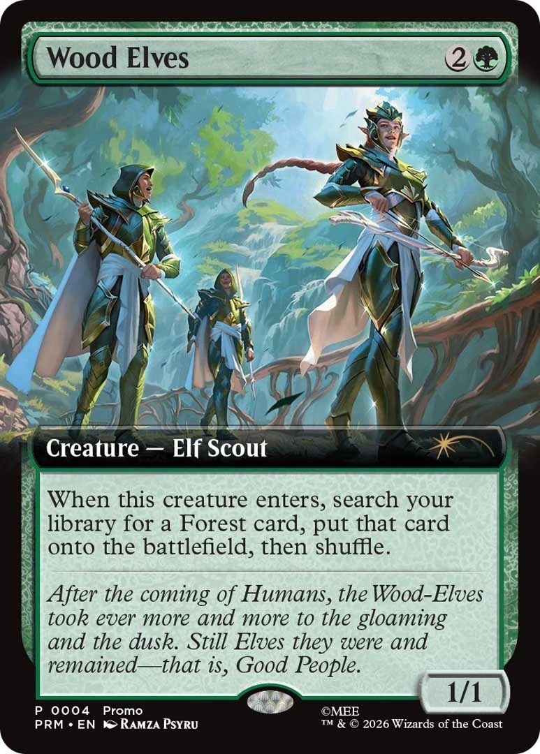 A The Hobbit booster card for MGT showing elves walking in the woods