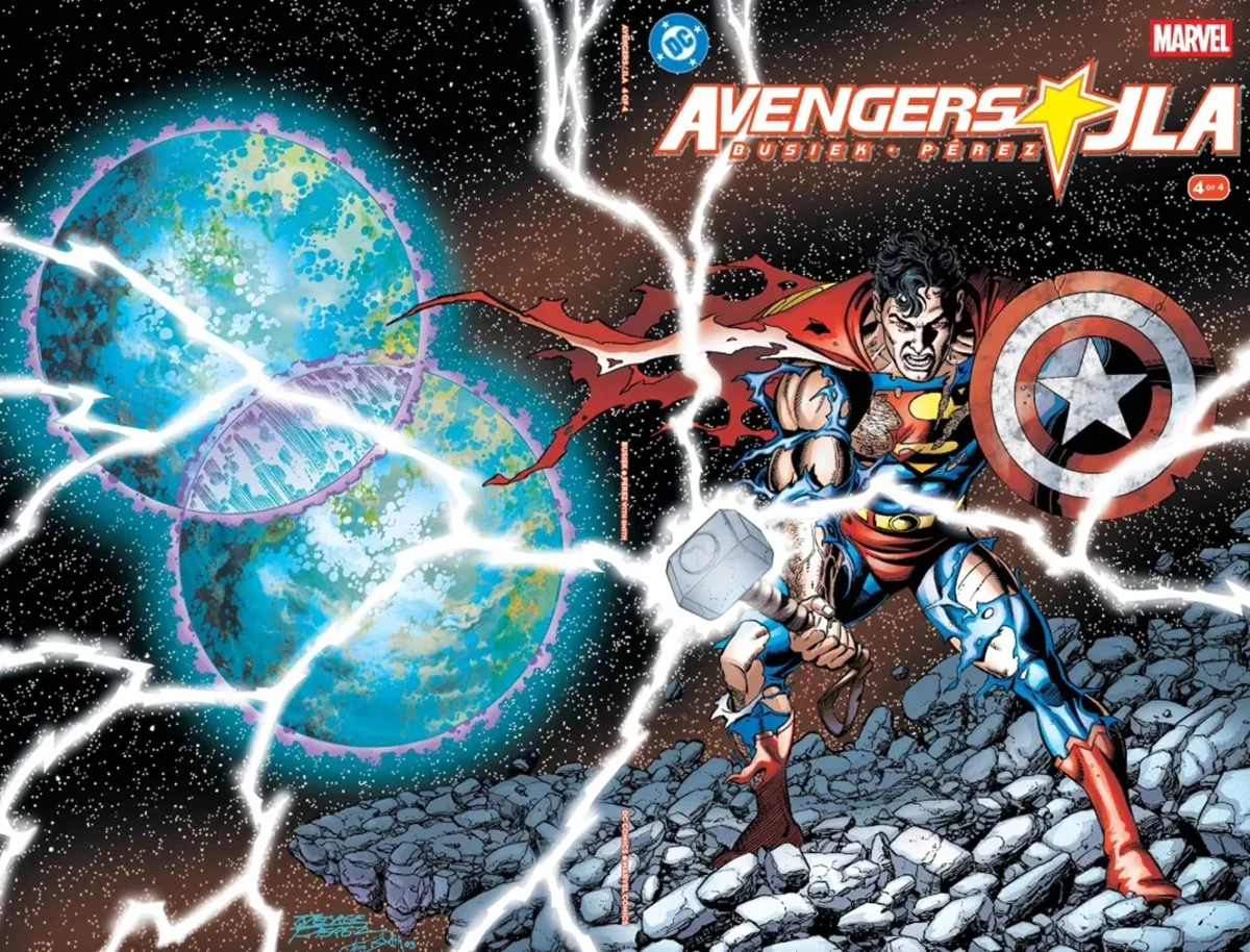 The cover for JLA/Avengers #4 by George Perez.