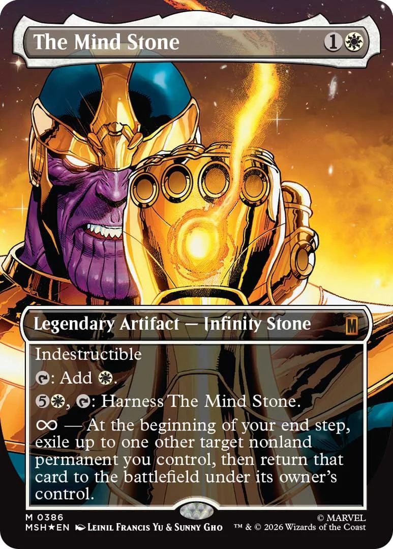 Magic: The Gathering - Marvel Super Heroes card featuring the Mind Stone, held by Thanos.