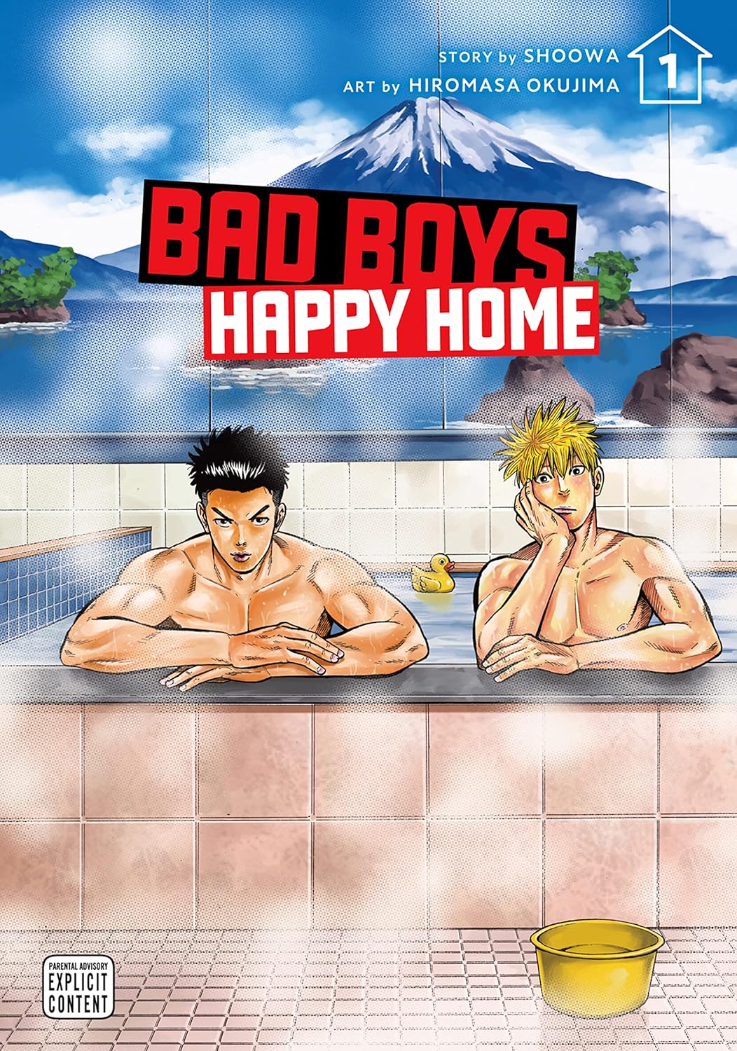 Bad Boys Happy Home cover. Two young men sit in a bath. A mountain can be seen painted on the wall behind him.