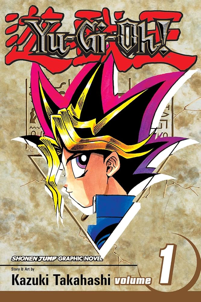 The cover of Yu-Gi-Oh! A boy with spiky gold, black and red hair is depicted in profile.