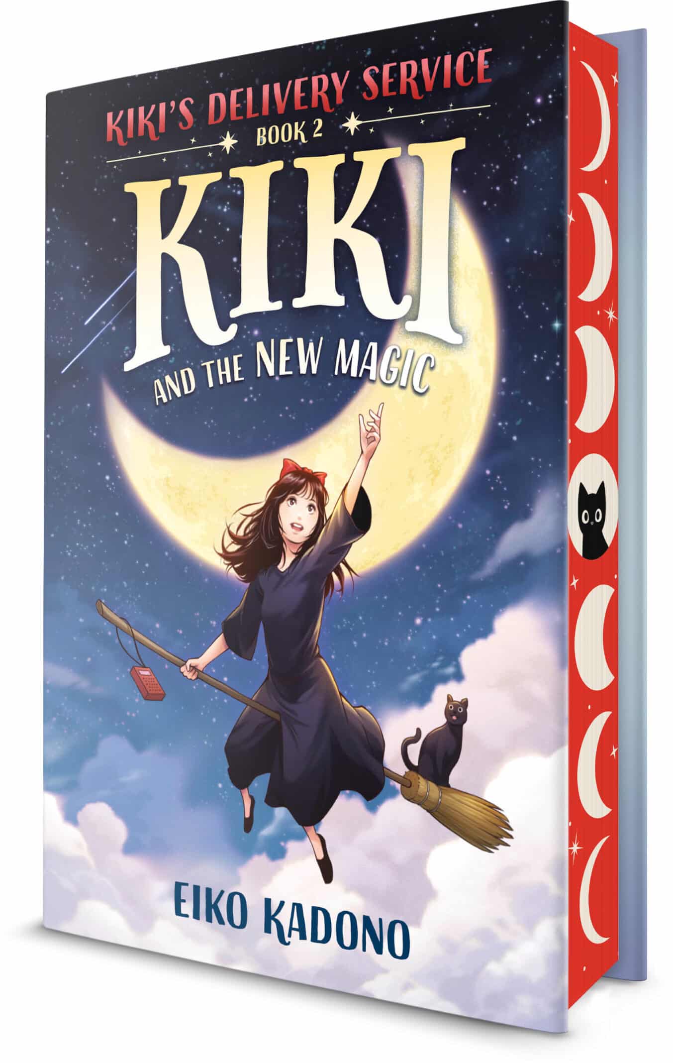 Kiki's Delivery Service Book 2: Kiki and the New Magic by Eiko Kadono. The cover features Kiki and Jiji on a flying broom with a cresent moon in the sky behind them.