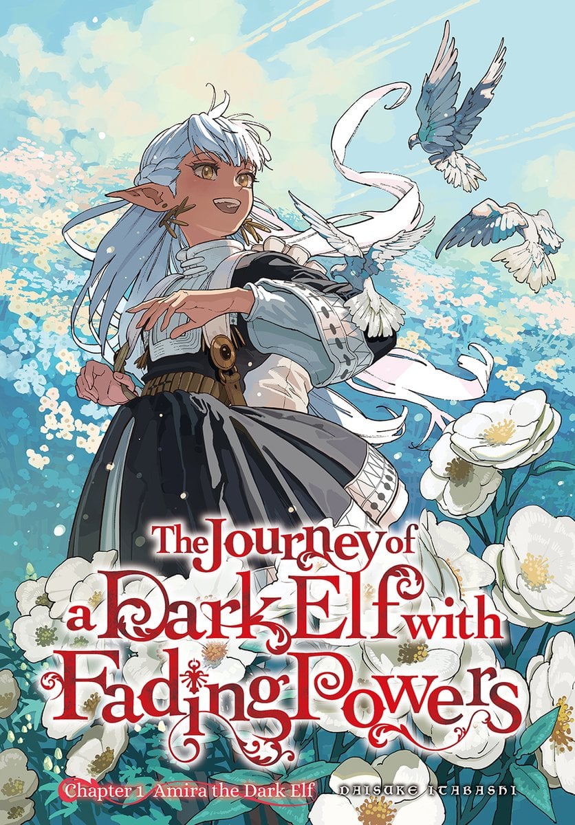 The first page of The Journey of a Dark Elf with Fading Powers. A dark elf with long white hair dances with birds in a flower field.