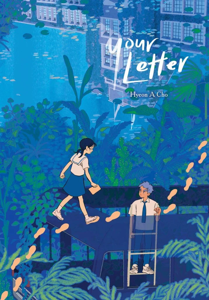 The cover of Your Letter. A girl wearing a school uniform follows a series of footprints past a frowning boy. A pond can be seen in the background behind green leaves.
