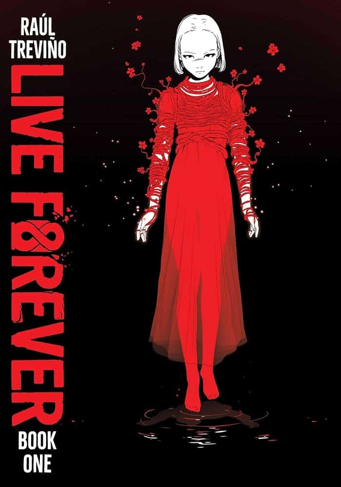 live forever cover. young woman stands against black background wearing red transparent dress. she is surrounded by red particles.