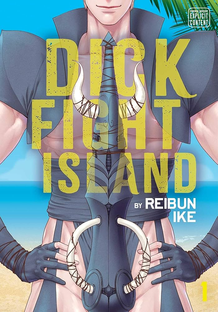 dick fight island cover. a proud man stands on a beach with giant phallic armor covering his penis. the armor has large horns.