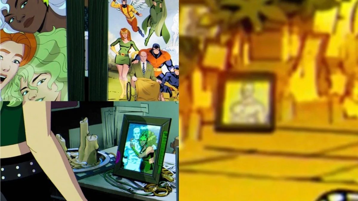 (Left) Polaris' photographs of the X-Men (Right) The Genosha mutant memorial in X-Men '97