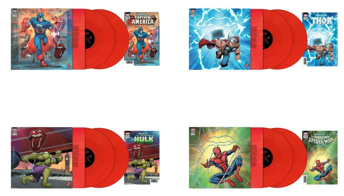 Four Marvel superhero covers open with their comic inserts for The Rolling Stones Foreign Tongues album