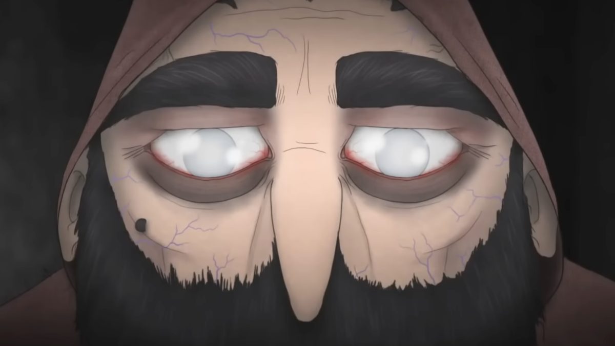 Closeup of an aged version of Sally Face character Larry with transluscent eyes, pronounced purple veins and a thick beard.