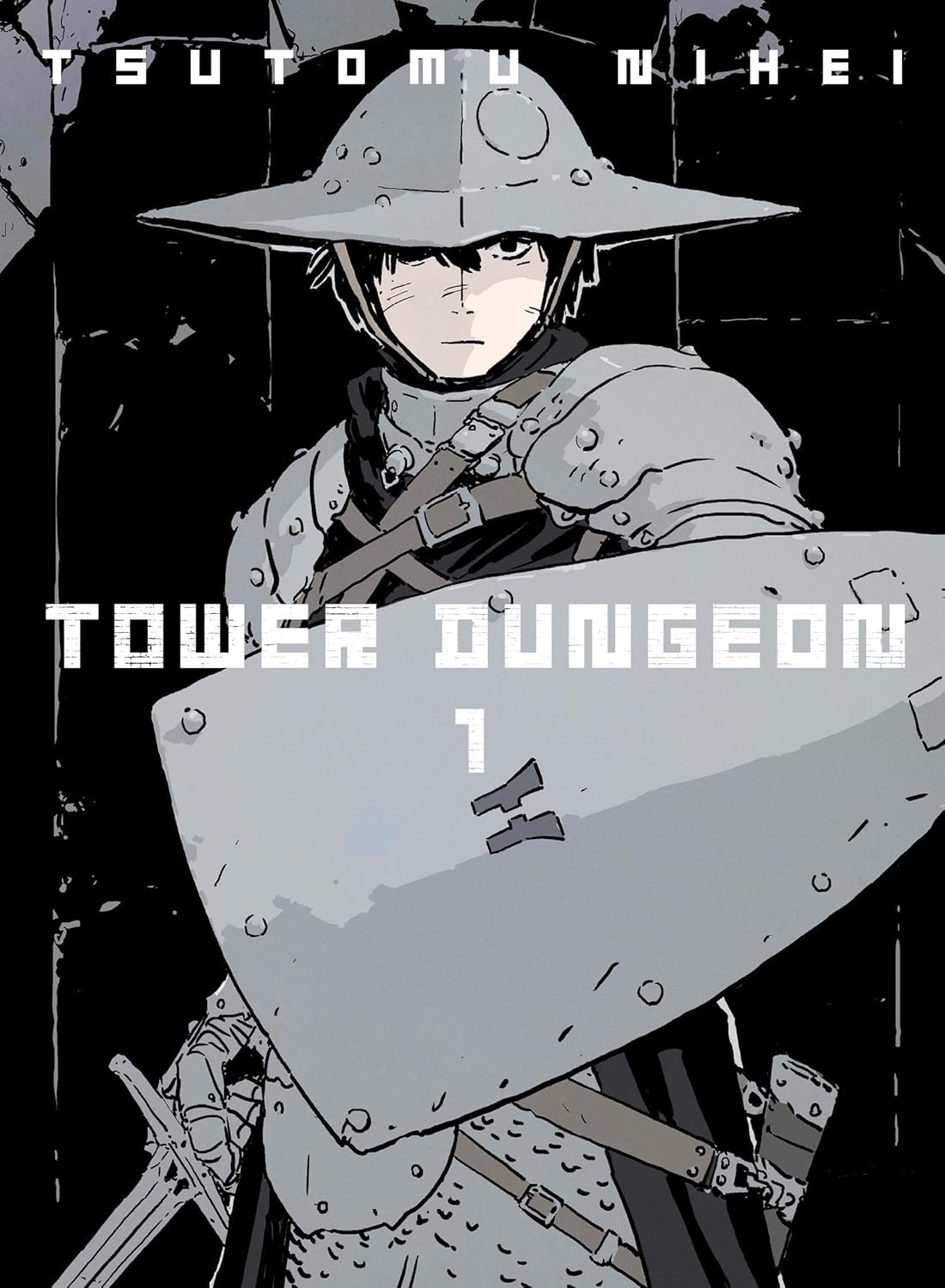 The cover of Tower Dungeon. A man wearing a helmet with a brim poses with a shield.
