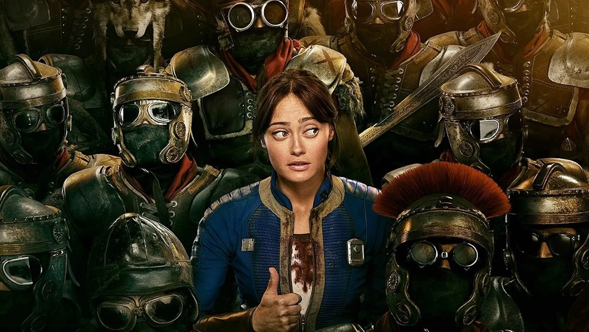 Lucy gives a worried thumbs up among Legion soldiers in masks in a Fallout season 2 poster