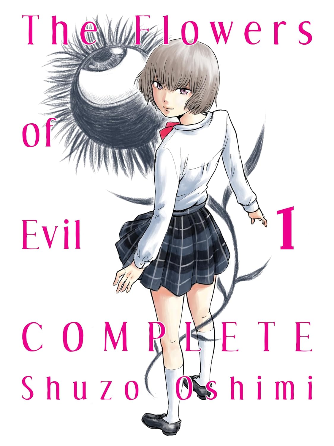 The cover of The Flowers of Evil Complete. A girl wearing a high school uniform stands in front of a one-eyed black flower.