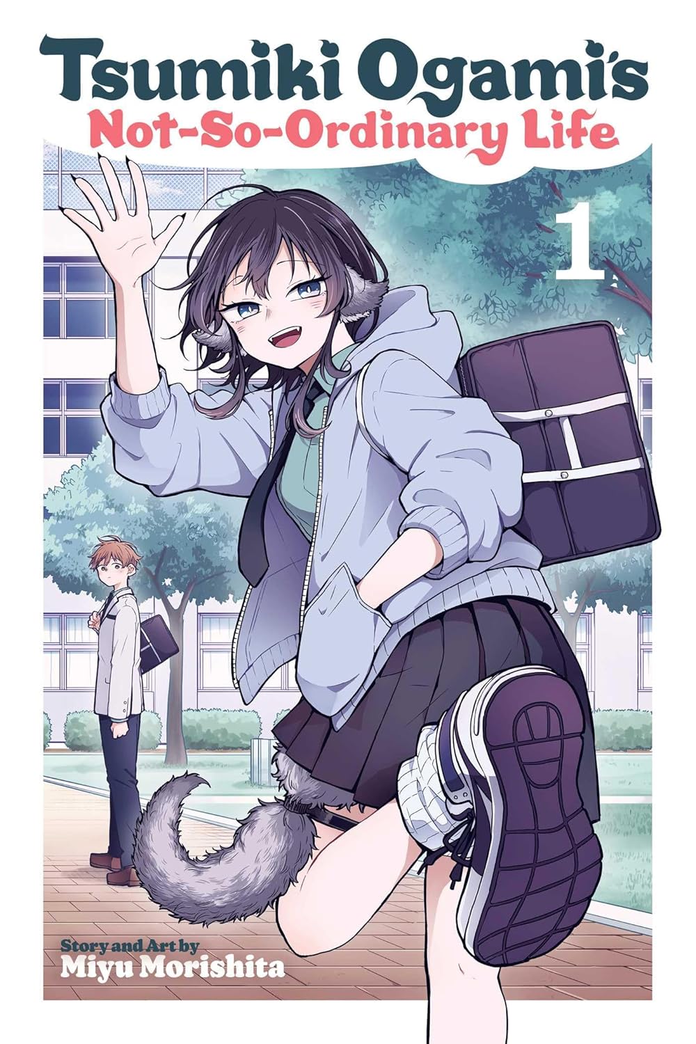 The cover of Tsumiki Ogami's Not-So-Ordinary Life. A girl with fluffy grey ears and a tail waves at the reader. A bag is slung over her shoulder. Meanwhile, a nondescript boy looks out from the lower left corner.
