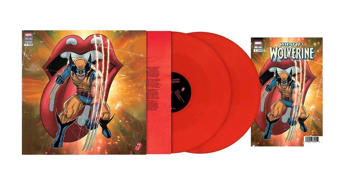 A Wolverine cover open with its comic insert for The Rolling Stones Foreign Tongues album