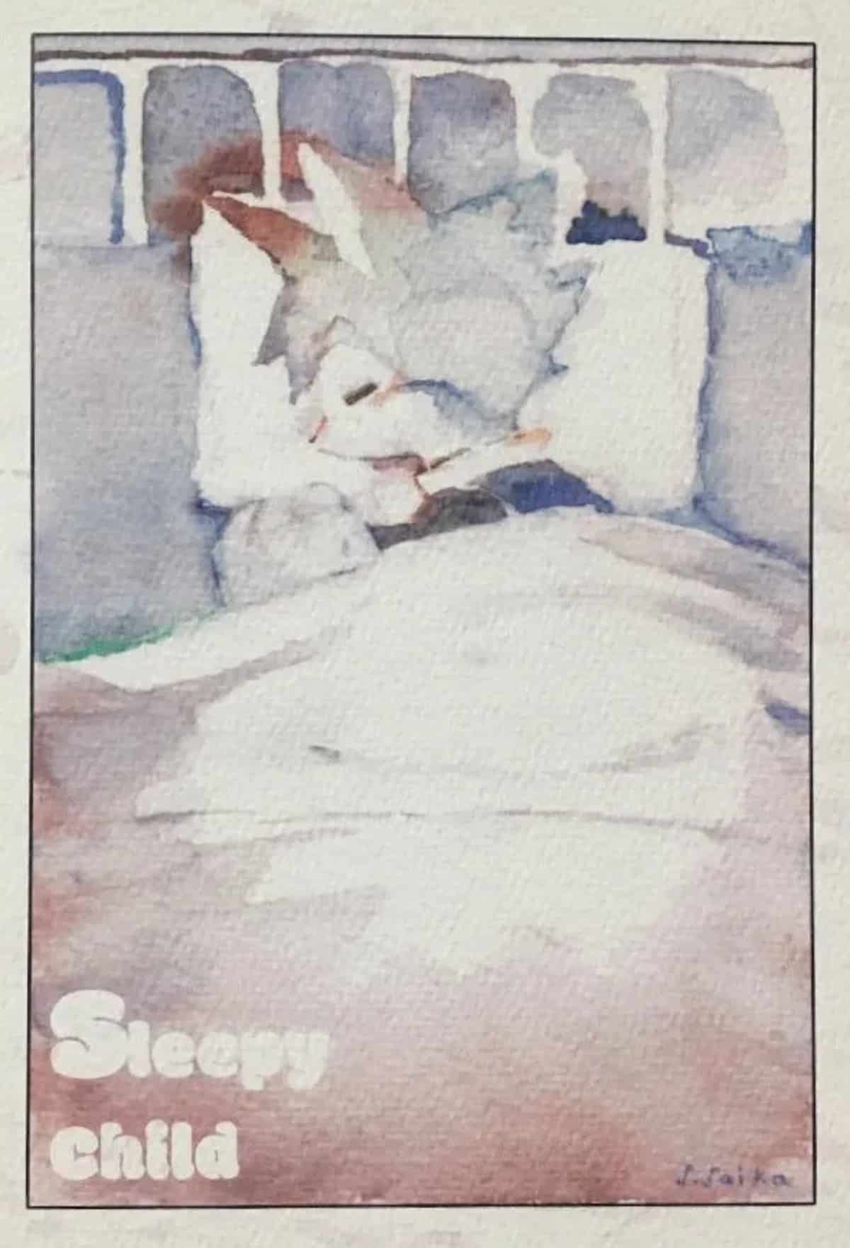 A furry child lies in bed.