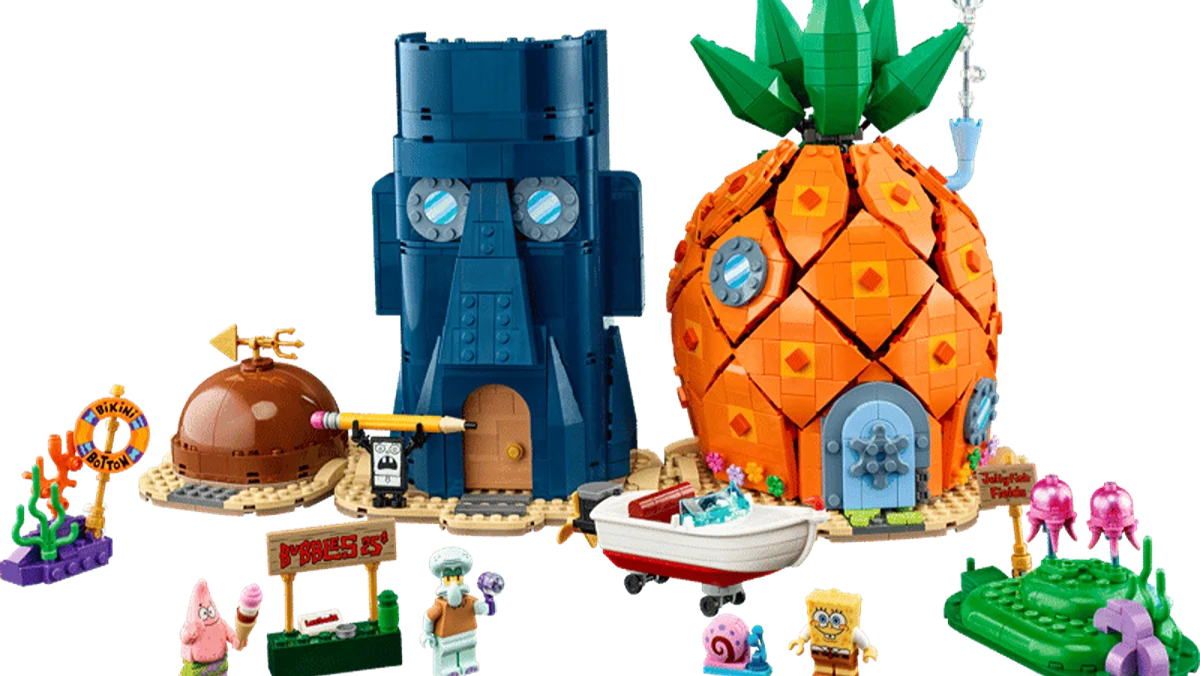 LEGO's new SpongeBob set with multiple character minifigures and the characters' houses.