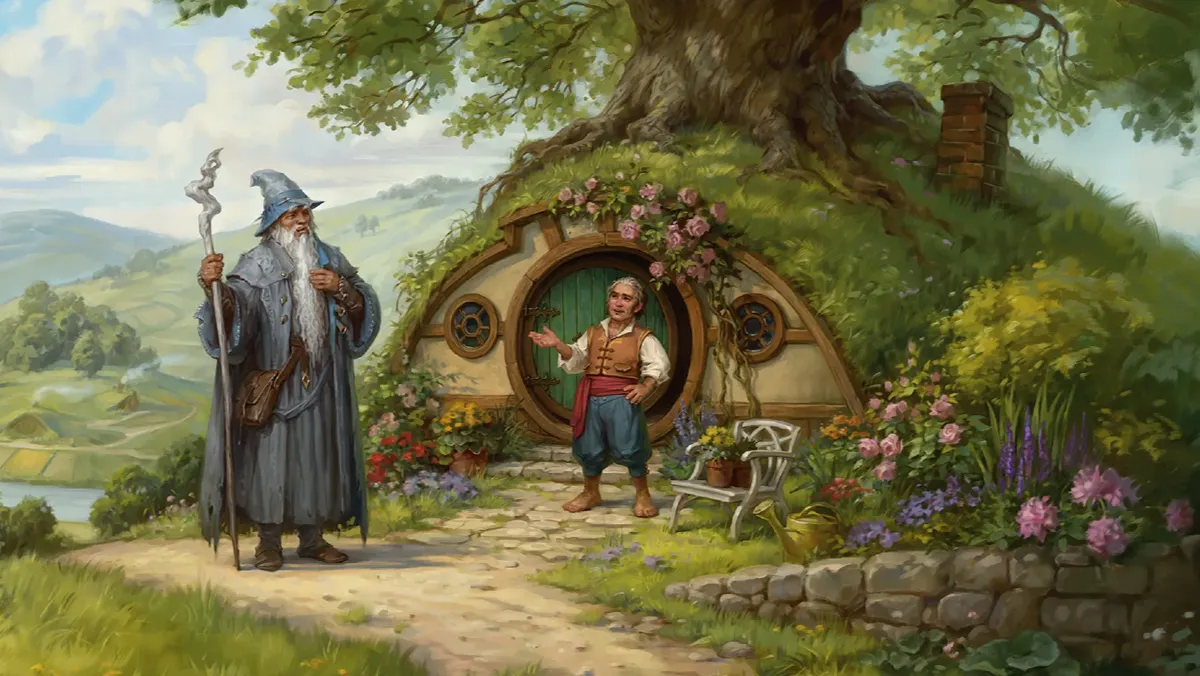 Bilbo and Gandalf stand in front of Bag End in this promo art for Magic: The Gathering's crossover with The Hobbit.