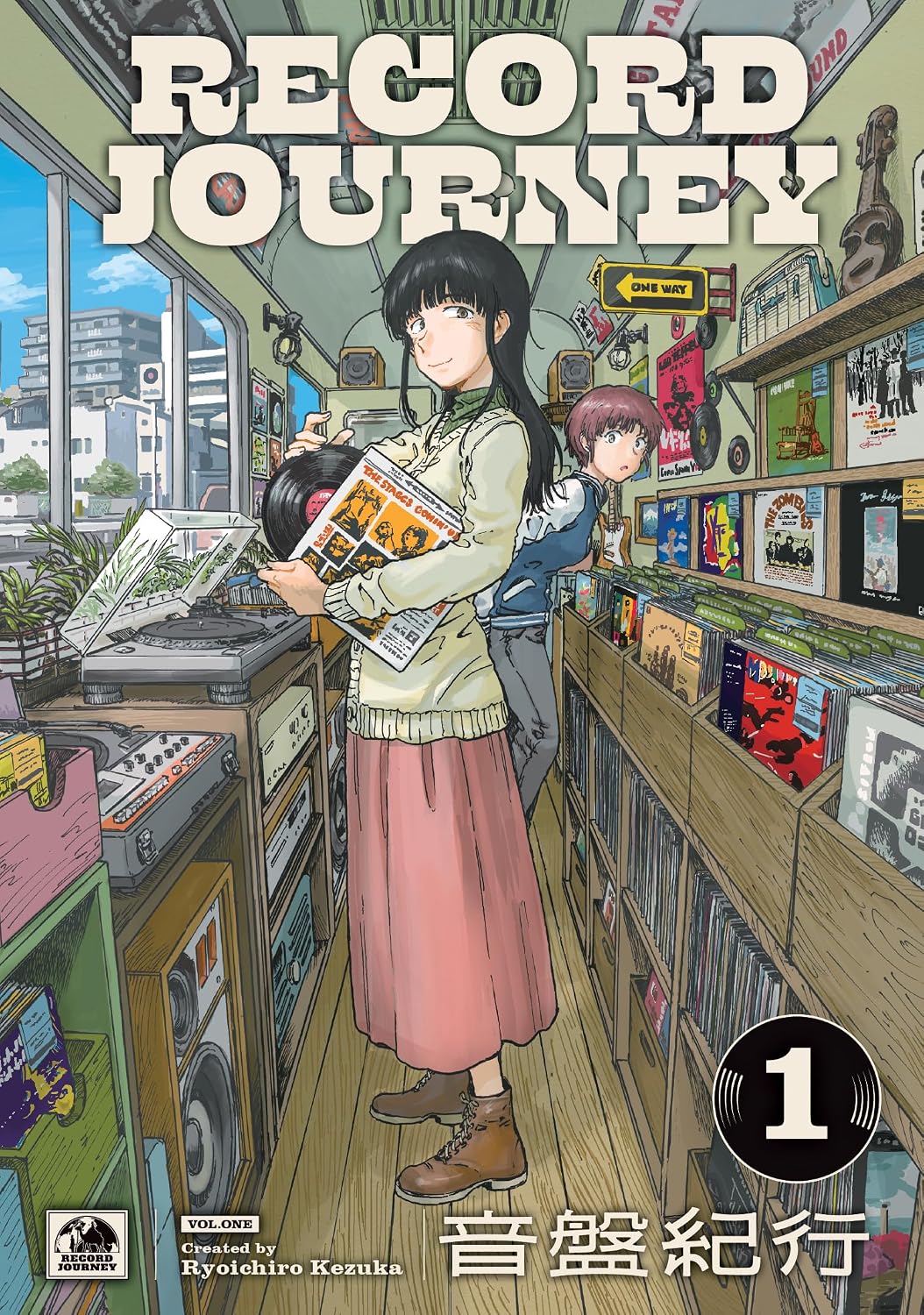 The cover of Record Journey. A woman stands in a record store holding a record. Another person stands behind her.
