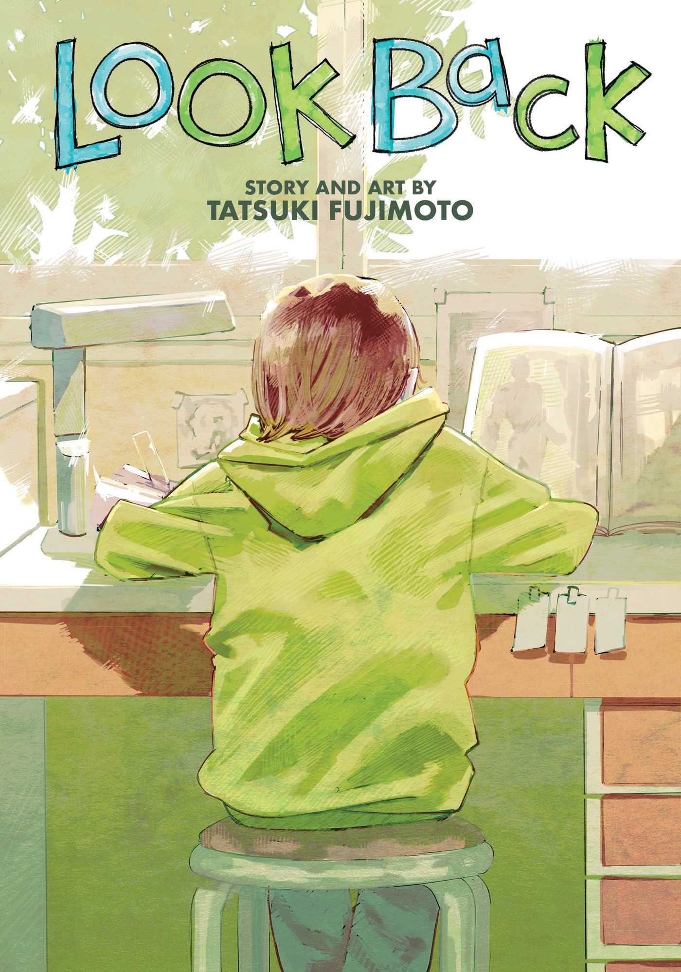 The cover of Look Back. A young woman sits at a desk; we see her from behind. She is drawing manga.