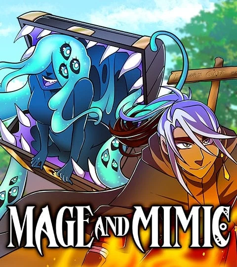 An image from Mage and Mimic, depicting a man together with a blue humanoid multi-eyed mimic within a chest.