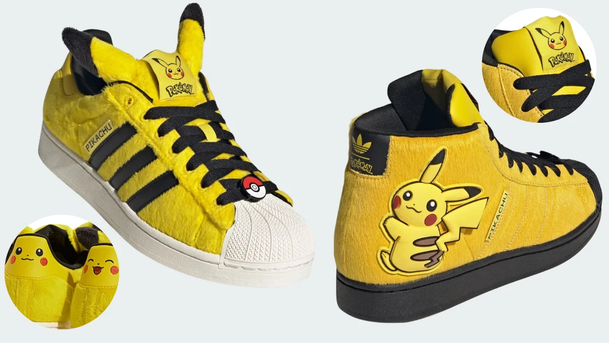 Product images for the Pokemon x Adidas collab, featuring the Pikachu Superstar IIs.
