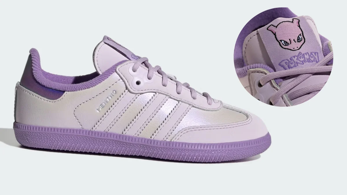 Product images for the Pokemon x Adidas collab, featuring the Mewtwo Sambas.