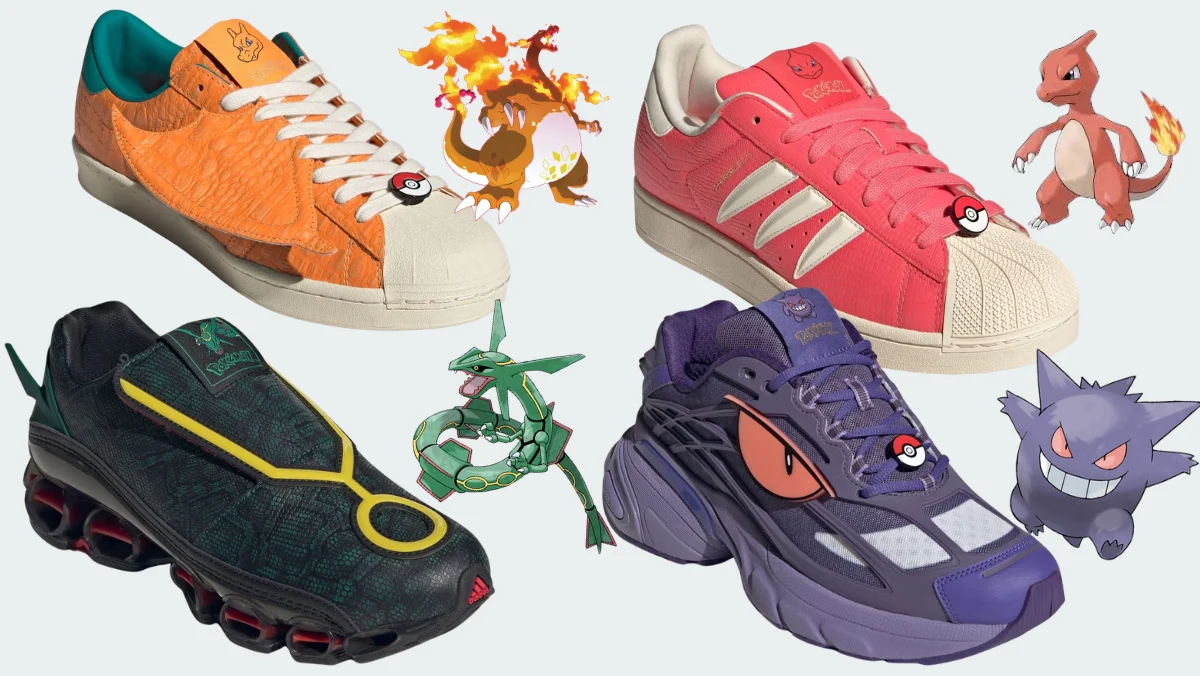 Product images for the Pokemon x Adidas collab, featuring the Chariard, Charmeleon, Gengar and Rayquaza.