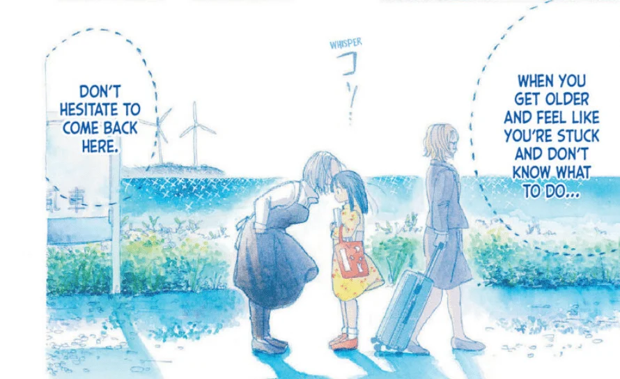 panel from Crescent Moon Marching depicting a flashback where Aunt Yuki tells a younger Mizuki to come back when she feels lost and doesn't know what to do