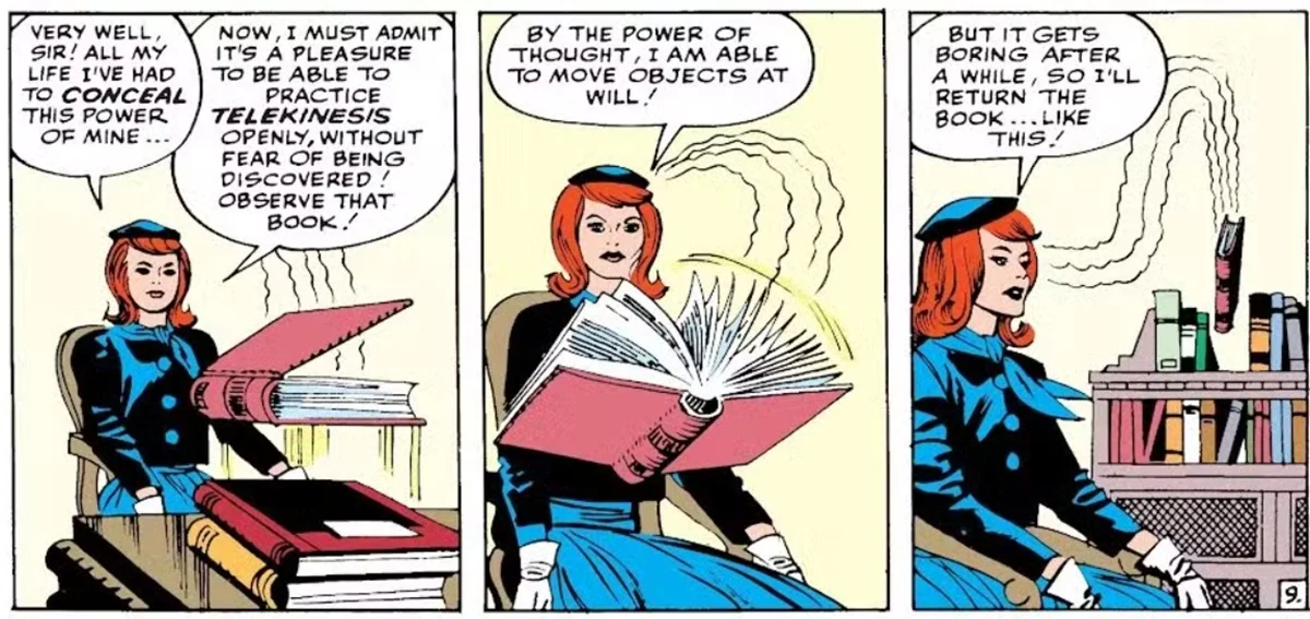 Jean Grey's first appearance in X-Men #1. Art by Jack Kirby.