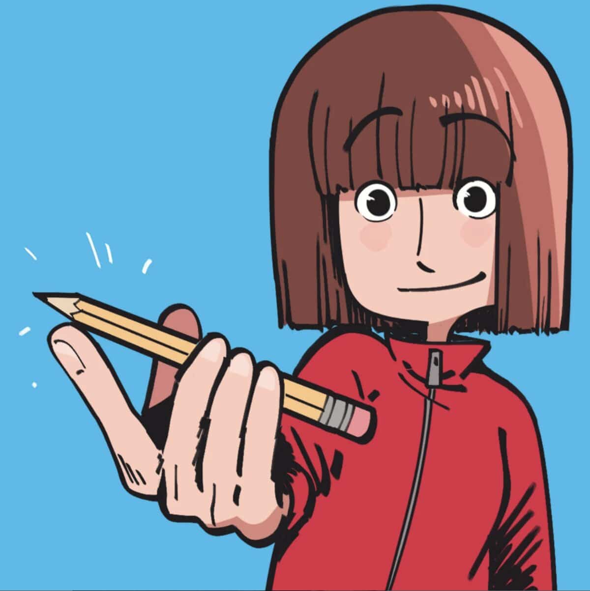 An image from Bande Dead Innate. A girl wearing a red jacket holds up a pencil to the viewer in her hand.