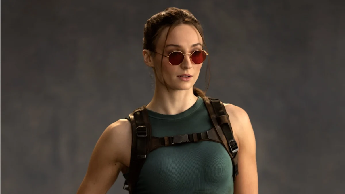 Sophie Turrner as Lara Croft in a behind-the-scenes Tomb Raider photo