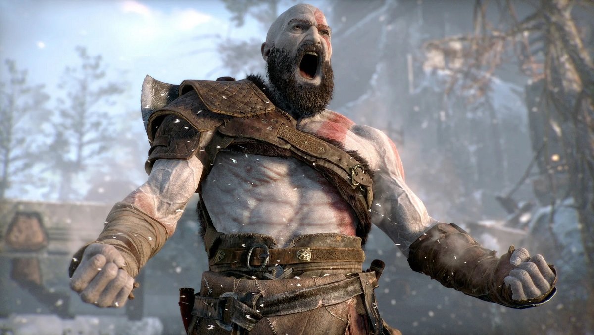 Kratos bellows a war cry in God of War.