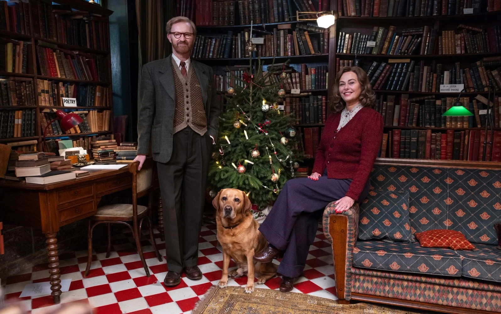 Bookish Christmas Special promo image, with Mark Gatiss, Polly Walker, and Dog