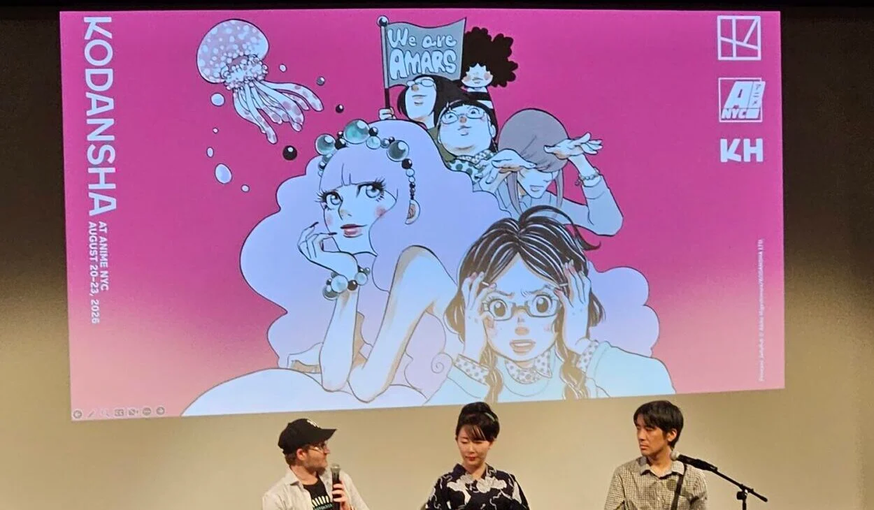 photo from the q and a session after the movie depicting akiko higashimura with peter tatara and interpreter jiay shida
