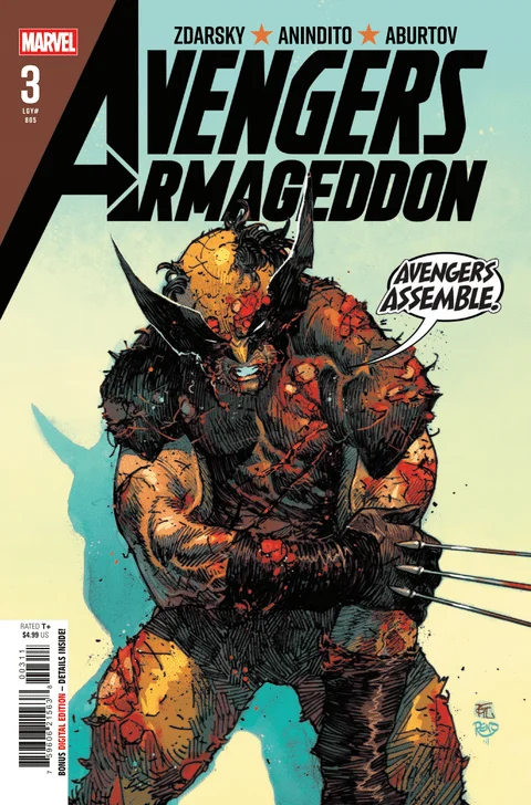 Wolverine stands bloody and battered on the cover to Avengers: Armageddon #3