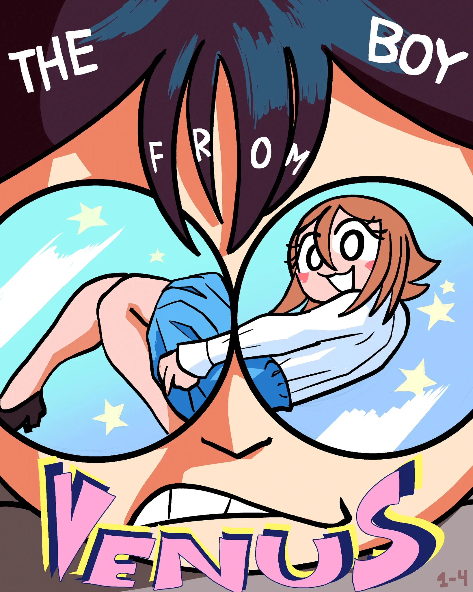 A femme guy wearing a white top and blue skirt can be seen in the glasses of an angry woman.