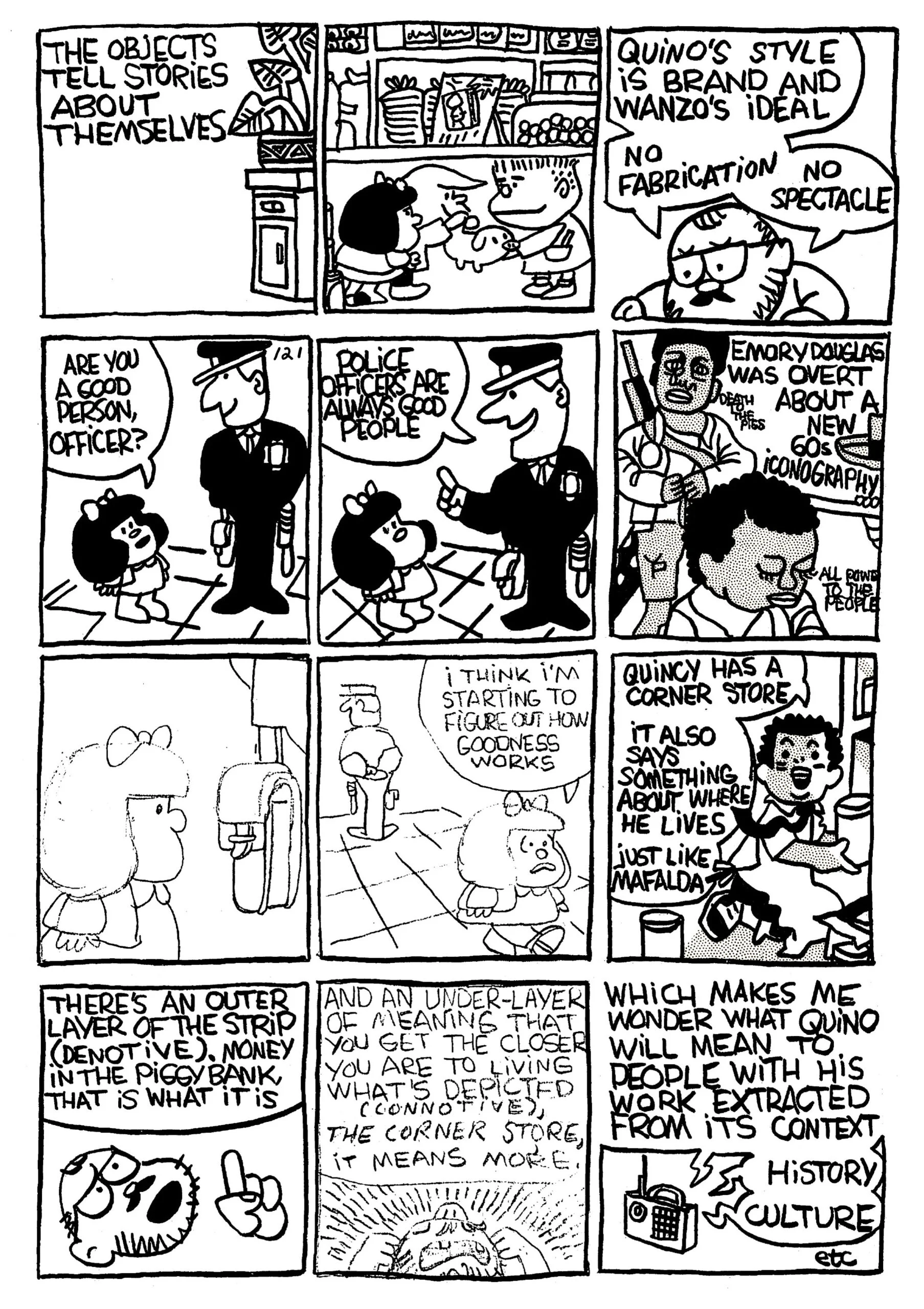 A Mafalda strip inserted into the middle left of the page.