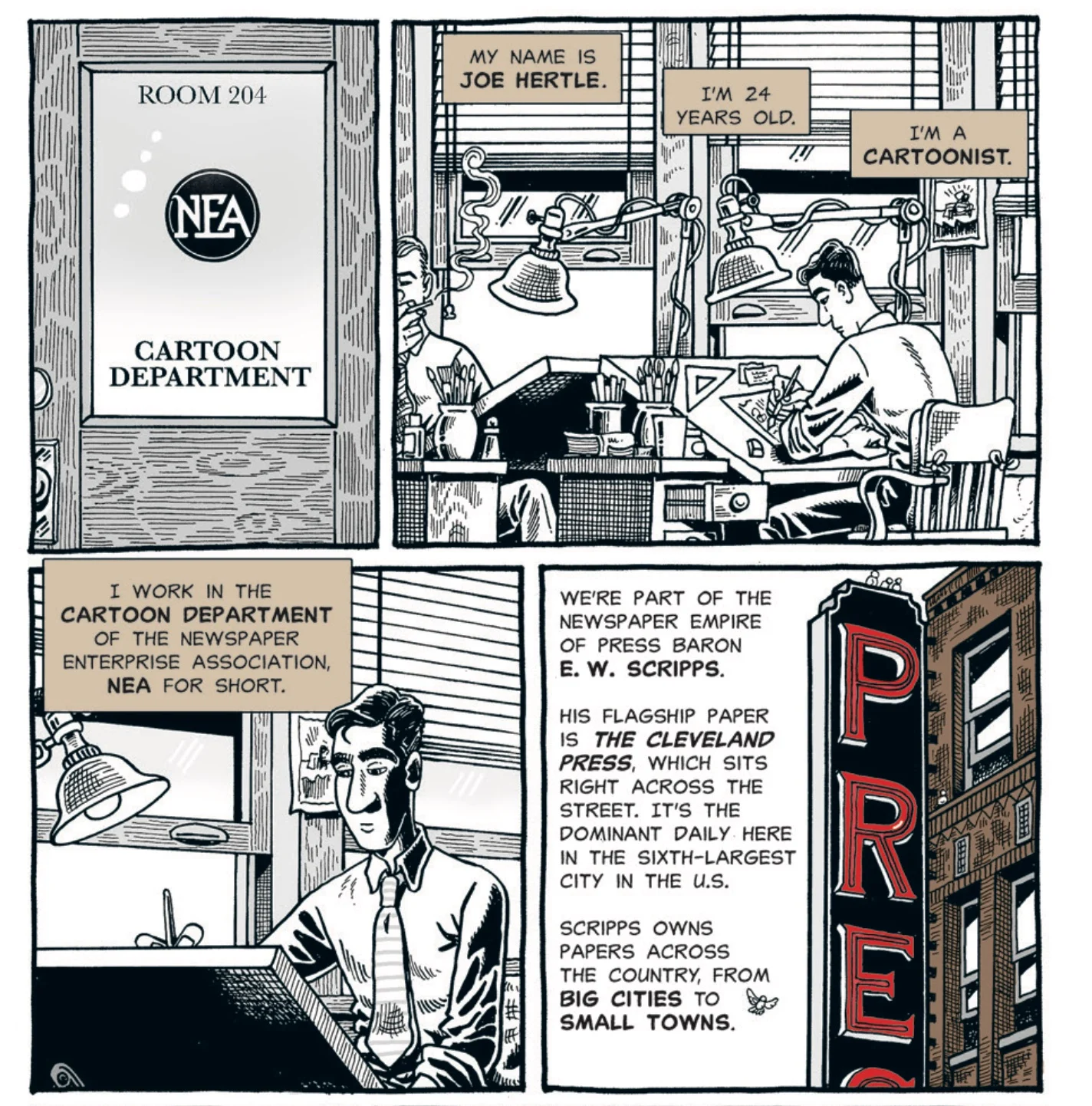 The Dissidents intro, featuring Joe Hertle sitting at his desk drawing in the Cartooning Department of his newspaper