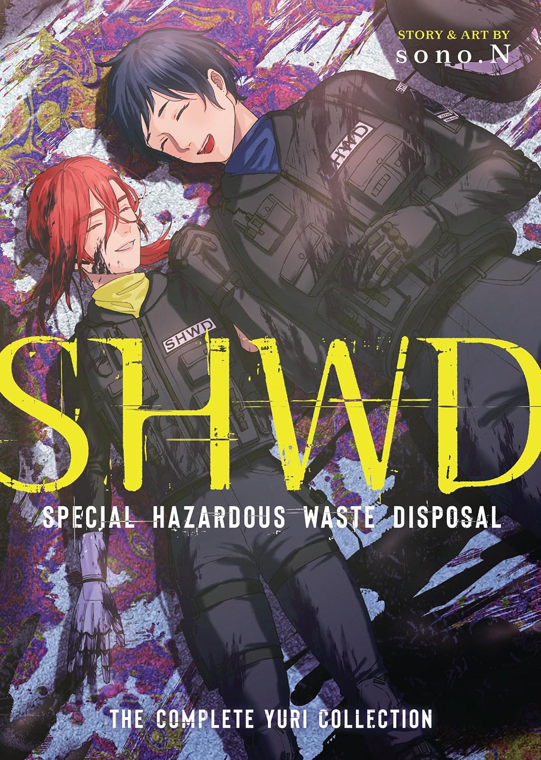 Two women wearing jackets labled "SHWD" lie together surrounded by goo.