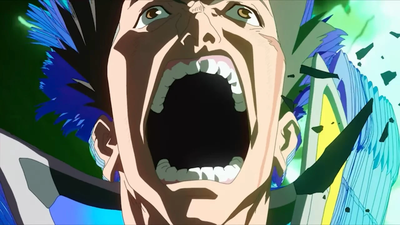 A scene from Cyberpunk Edgerunners. David opens his mouth wide in shocked horror.