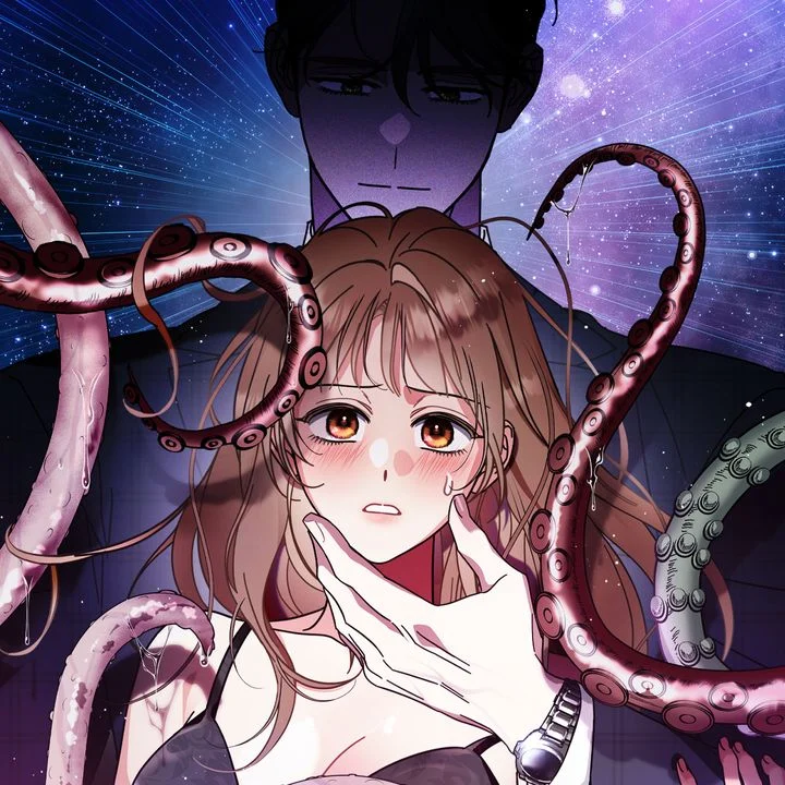 An image from How About a Cosmic Horror? depicting a brunette woman held by a mysterious man. Tentacles squirm in the corners.